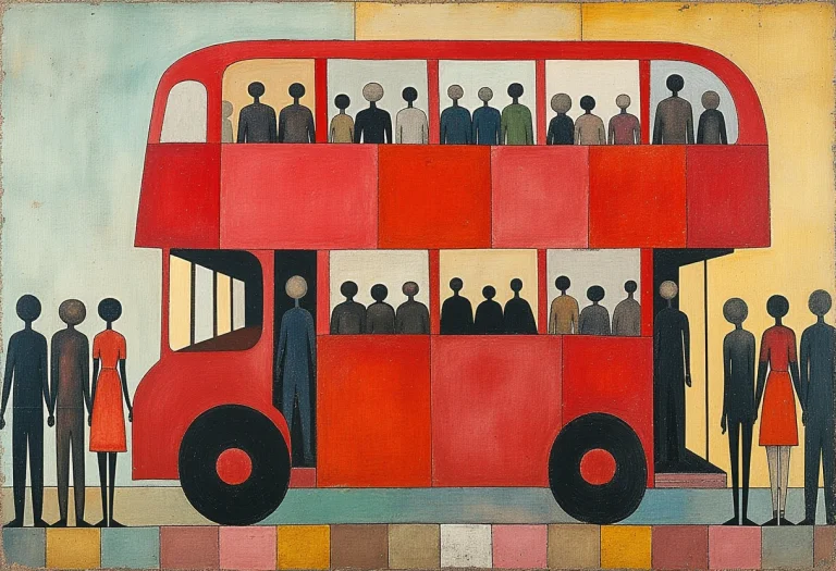 A Cubist Painting Of A Line Of People Lining Up And Getting...