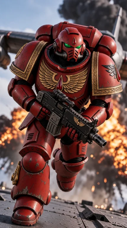 Large Blo0da40k Warrior Wearing A Helmet With Red Eyes, Jump...