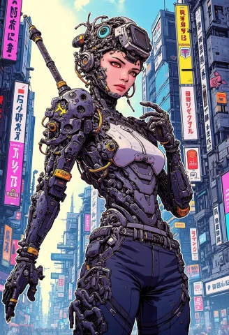 Anime Poster Image Featuring A Cyborg Female Warrior, Posing... — FLUX AI Prompt: anime poster image featuring a cyborg female warrior, posing for the camera with...
