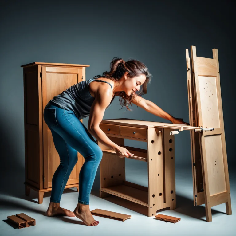 A Woman Assembling A Piece Of Furniture, Full-body Portrait...
