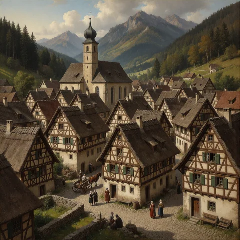 A Detailed 17th-century Style Oil Painting Of A Sprawling, D... — Stable Diffusion AI Prompt: A detailed 17th-century style oil painting of a sprawling, dense Bavarian alpine...