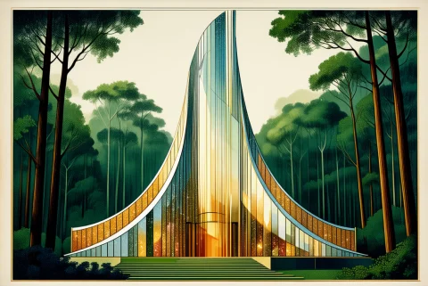 Color Art Deco Drawing — Stable Diffusion AI Prompt: A color art deco drawing. A glittering tower, reflecting light, surrounded by fo...