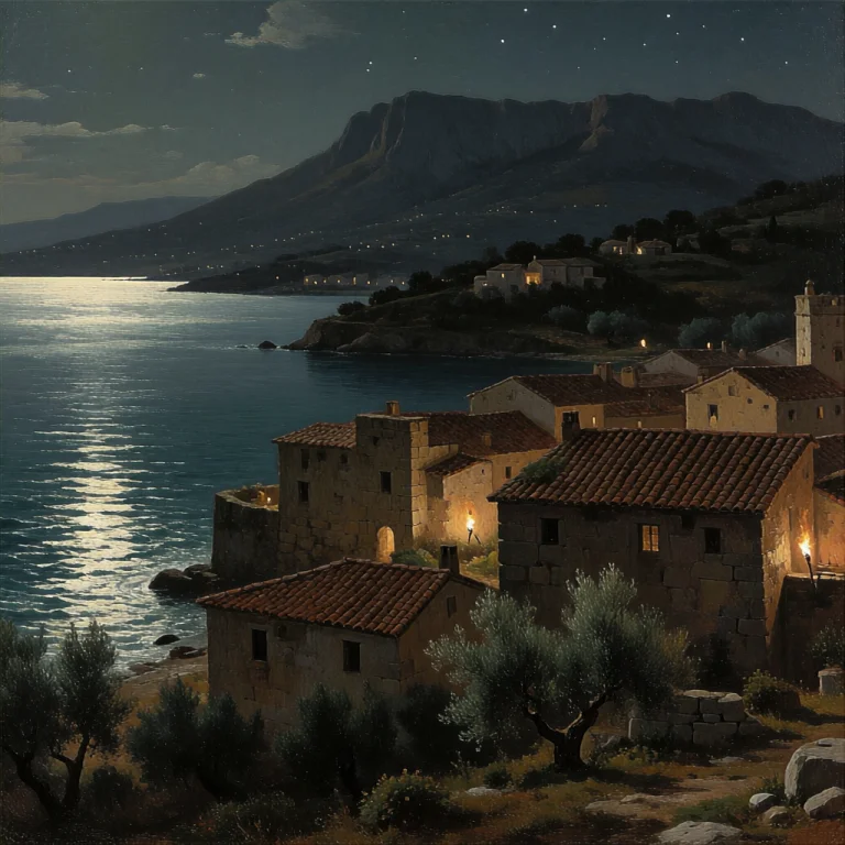An Extreme Wide Shot Oil Painting Of A Peaceful, Ancient Med...
