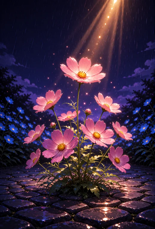 A Cluster Of Glowing Pink Cosmos Flowers Growing From A Dark...