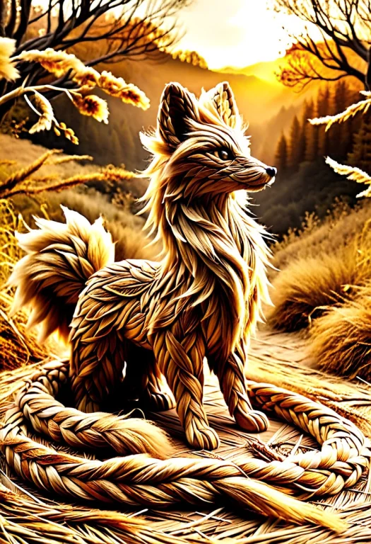 A Legendary Nine-tailed Fox Sculpted From Woven Golden Straw...