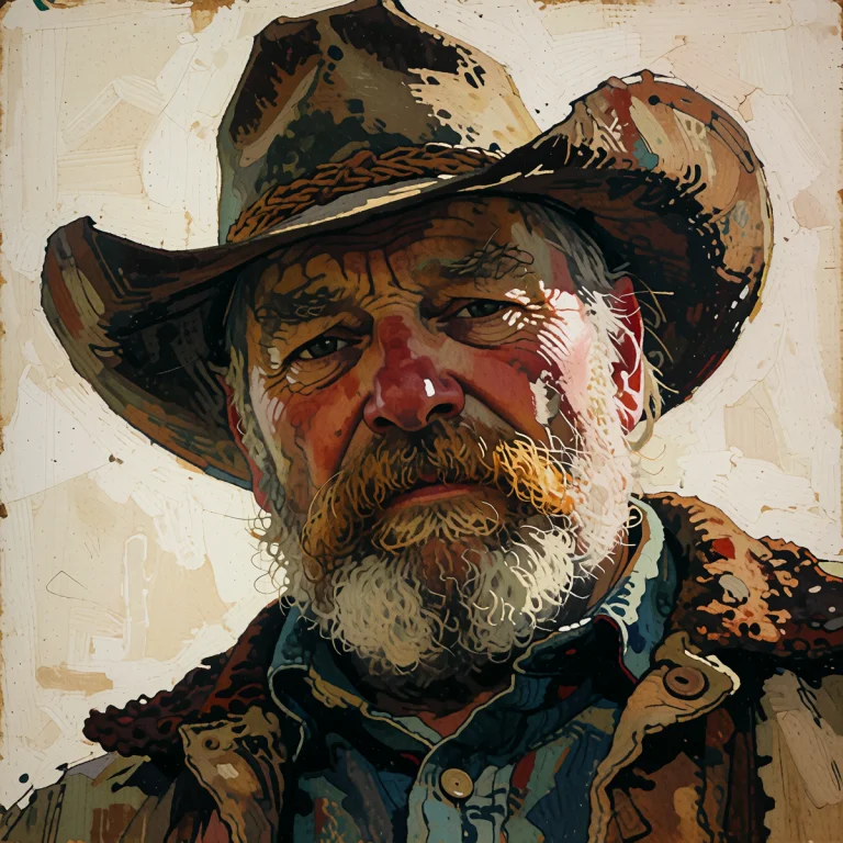 Old Cowboy Looking Down At The Viewer, Low Angle Shot