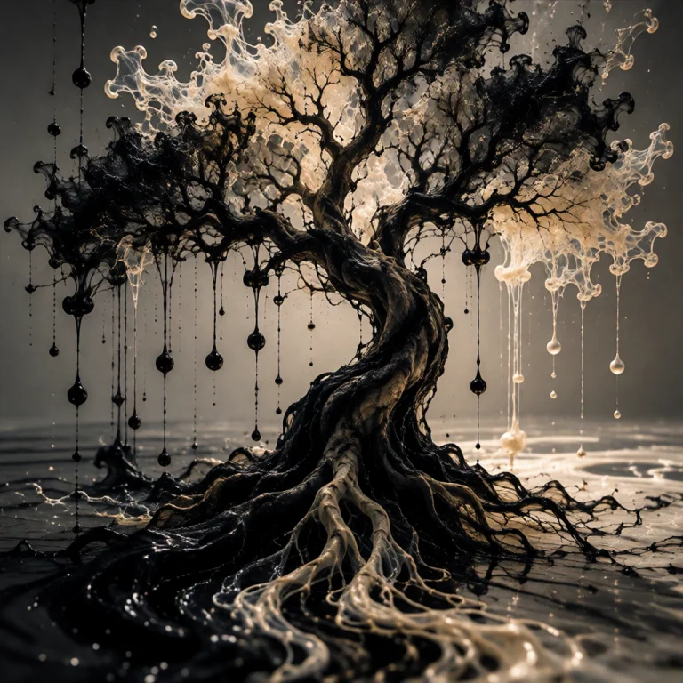 An Ancient Tree Growing From A Pool Of Black Ink, Its Trunk...
