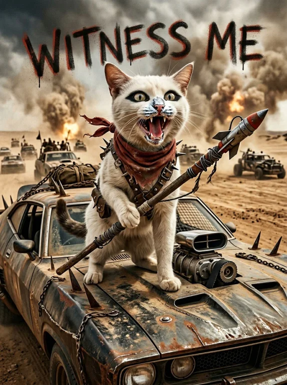 Draw Me A Funny Realistic Image Of A White Cat With Black Pa...