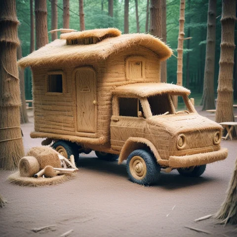 Straw Truck Campsite Prompt — SDXL AI Prompt: green truck, forest campsite, made of straw,