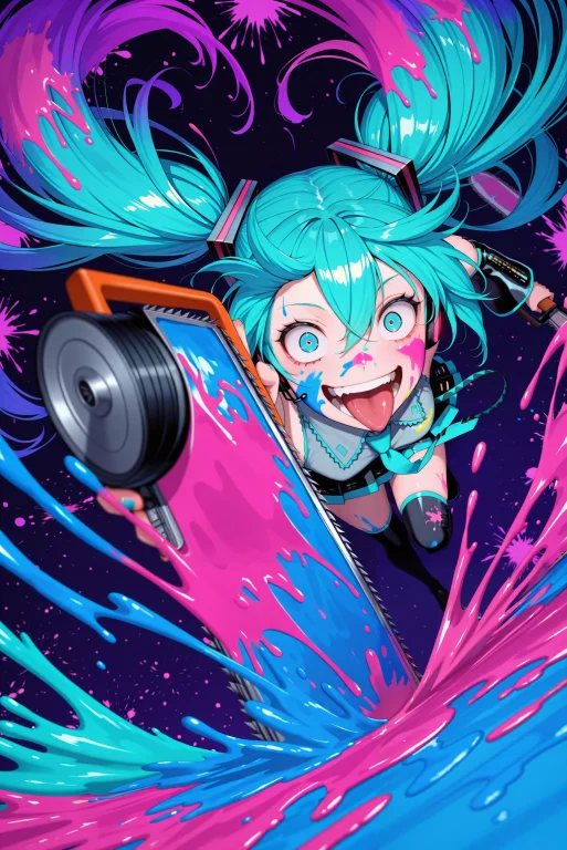 Lazympos, 1girl, Hatsune Miku, Chainsaw, Crazy Eyes, Crazy S...