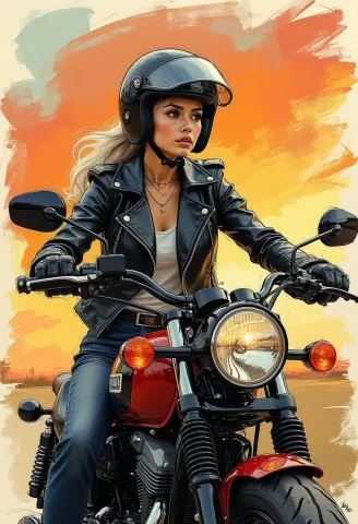 Colored Sketch In The Style Of Ck-ccd, Young Asian Woman Wea... — FLUX AI Prompt: colored sketch in the style of ck-ccd, young Asian woman wearing a motorcycle he...