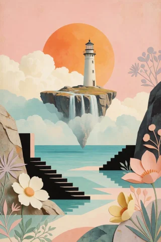 A Surreal Abstract Collage Featuring A Solitary White Lighth... — Stable Diffusion AI Prompt: A surreal abstract collage featuring a solitary white lighthouse standing on a f...