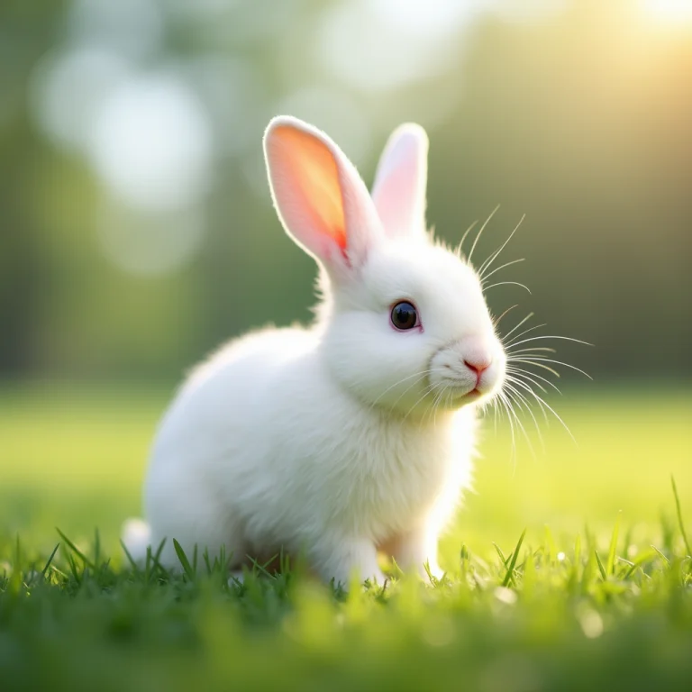 Cute White Rabbit On Grass. Sun Weather