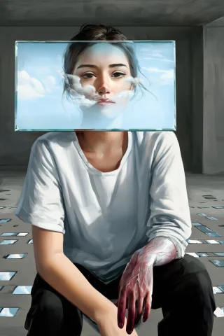 Stunning Female Glass Jaw Art — Stable Diffusion AI Prompt: masterpiece, best quality, absurdres, safe, A young woman sits in an empty concr...