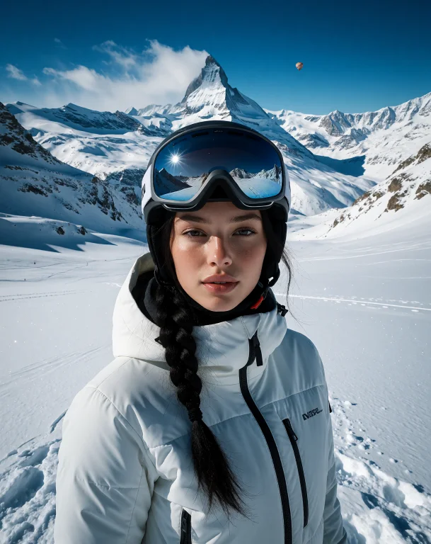 Luxury Alpine Winter Photography. A Young Woman Stands High...