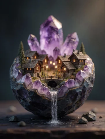 A Tiny Cozy Alpine Village Nestled Impossibly Inside A Crack... — Stable Diffusion AI Prompt: A tiny cozy alpine village nestled impossibly inside a cracked open geode, glowi...
