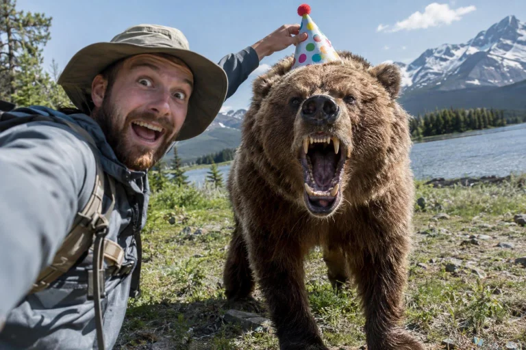 A Clueless Tourist Taking A Selfie With A Giant Grizzly Bear...