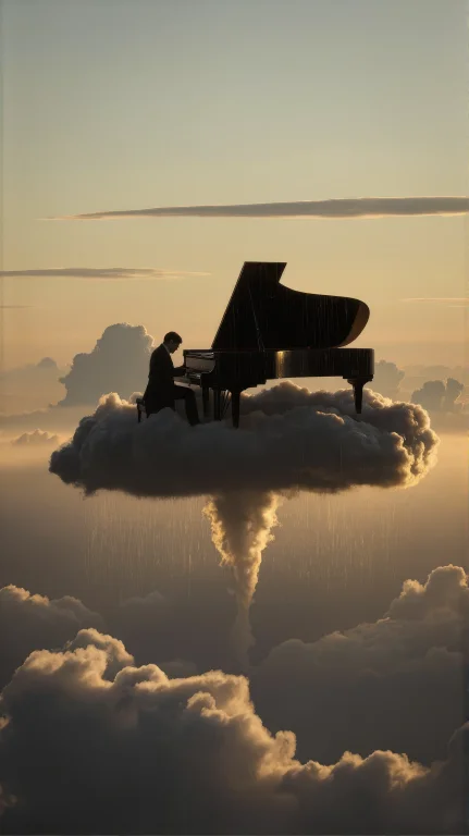 Surrealism, Long Shot View, A Black Grand Piano Rests Atop A...