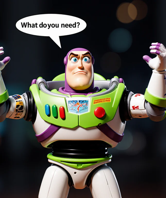 Buzz Lightyear With His Hands Out Exclaiming In Frustration....