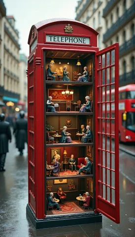 Loradetailedfluxntc8a Meticulously Crafted Diorama Depicting... — Stable Diffusion AI Prompt: A meticulously crafted diorama depicting British life inside a classic red telep...