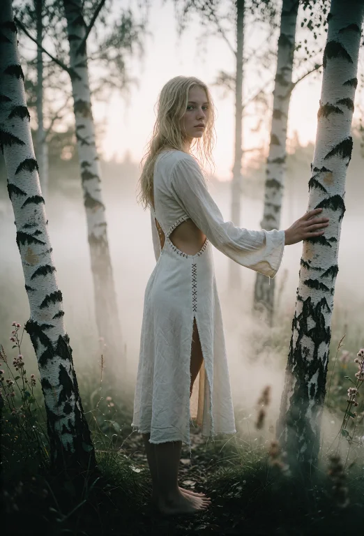 A Soft, Atmospheric Wide Shot Of A Young Beautiful Woman, Pa...