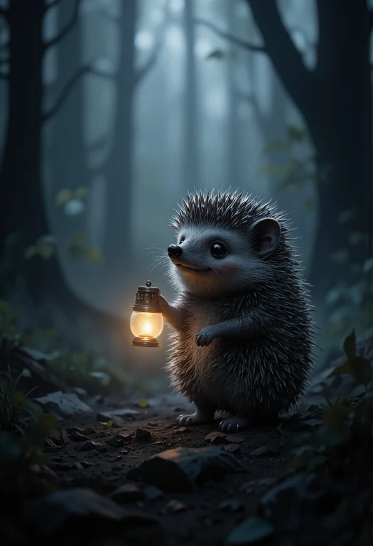 A Small Hedgehog Standing Alone In A Dark, Misty Forest. The...