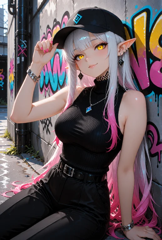 An Elf Girl With Long Silver Hair That Transitions Into Vibr...