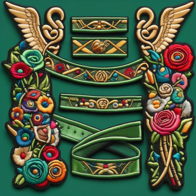 A Green Sash With A Multiple Patches On It, One With A Bouqu...