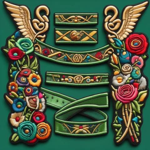 A Green Sash With A Multiple Patches On It, One With A Bouqu... — SDXL AI Prompt: a green sash with a multiple patches on it, one with a bouquet of flowers, one w...