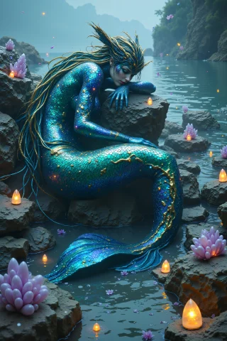 A Blind Oracle Mermaid Resting On Crystal-encrusted Rocks By... — FLUX AI Prompt: A blind oracle mermaid resting on crystal-encrusted rocks by the shore. Her scal...