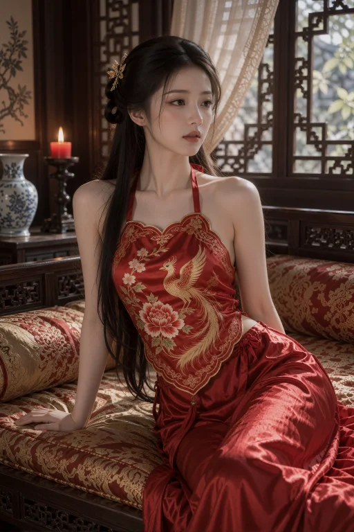 , Bright Red Silk-satin Traditional Chinese Dudou, Gold Scal...