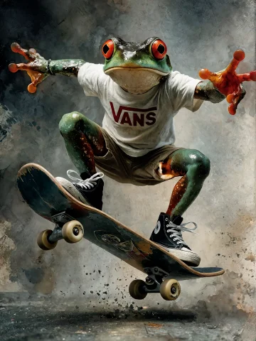 Stylized Frog Skateboarding Prompt — Stable Diffusion AI Prompt: A stylized watercolor and ink illustration in a soft, textured paper medium, dep...