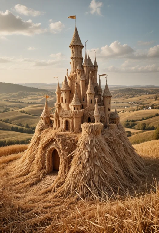 Realistic Photography Straw Castle On A Hill. A Towering Cas...