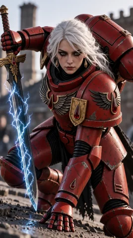 A Gorgeous Female Blo0da40k In Armor With Dark Cloth, Long W... — Stable Diffusion AI Prompt: a gorgeous female Blo0dA40K in armor with dark cloth, long white flowing hair, e...