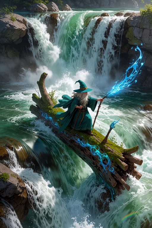 , Wizard Riding A River Current On An Enchanted Log Through...