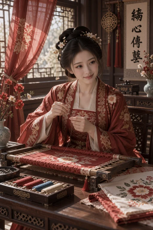 古装,婚装,绣坊铺的长案前,一名年轻中国女子刺绣,左手扶住红...