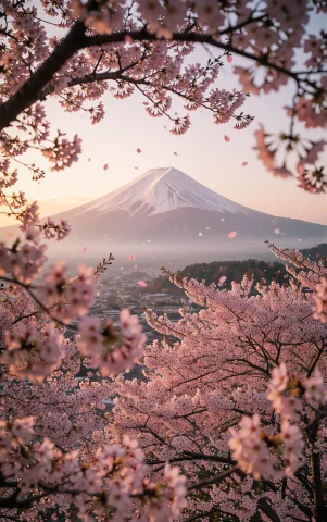 A Breathtaking Japanese Landscape Of Mount Fuji In The Dista... — Stable Diffusion AI Prompt: A breathtaking Japanese landscape of Mount Fuji in the distance at dawn, framed...