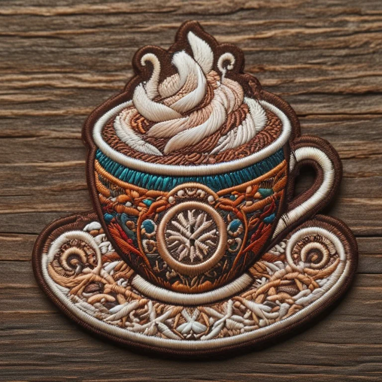 A Steaming Coffee Cup Rendered As An Embroidered Patch, Visi...