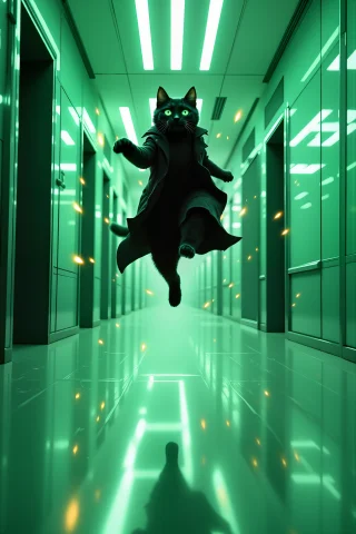 The Matrix, But All Characters Are Cats In The Stark, Green... — FLUX AI Prompt: The Matrix, but All Characters are Cats â In the stark, green-tinged office ha...