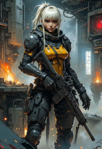 Nistyle, A Female Space Pirate. Long Messy Platinum Hair, Ba... — FLUX AI Prompt: nistyle, a female space pirate. long messy platinum hair, bangs, sidelocks, batt...