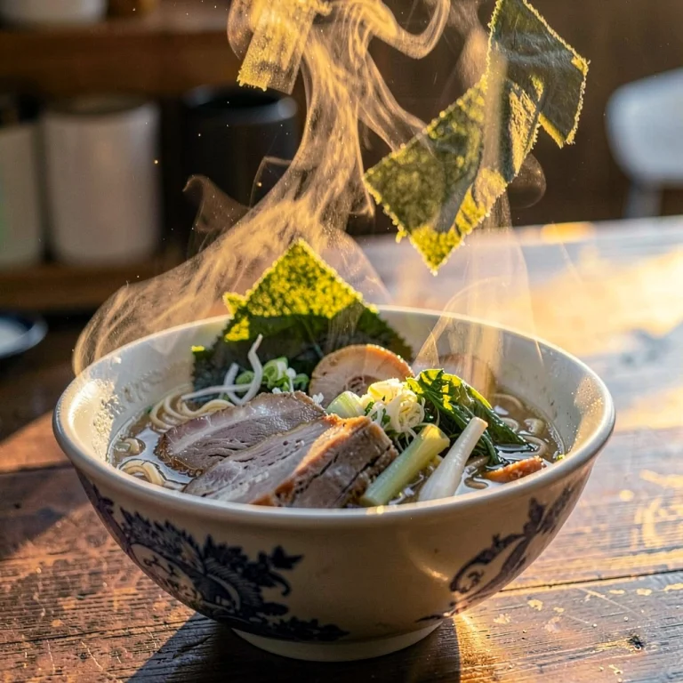 A Bowl Of Ramen Steaming Under Warm Light, Rim Lighting, At...