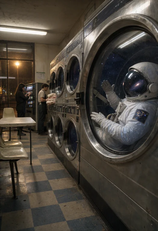 A 24-hour Laundromat Runs The Length Of The Frame, Its Scuff...