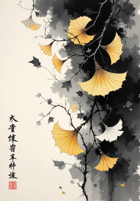 Poetic Sumi-e With Meticulously Rendered Gingko Leaves Casca...