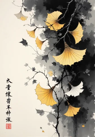 Poetic Sumi-e With Meticulously Rendered Gingko Leaves Casca... — FLUX AI Prompt: Poetic sumi-e with meticulously rendered gingko leaves cascading across washi pa...