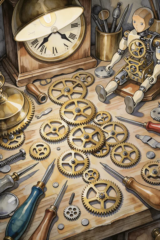 Apieckstyle, Close View Of A Cluttered Clockmakers Workbench...