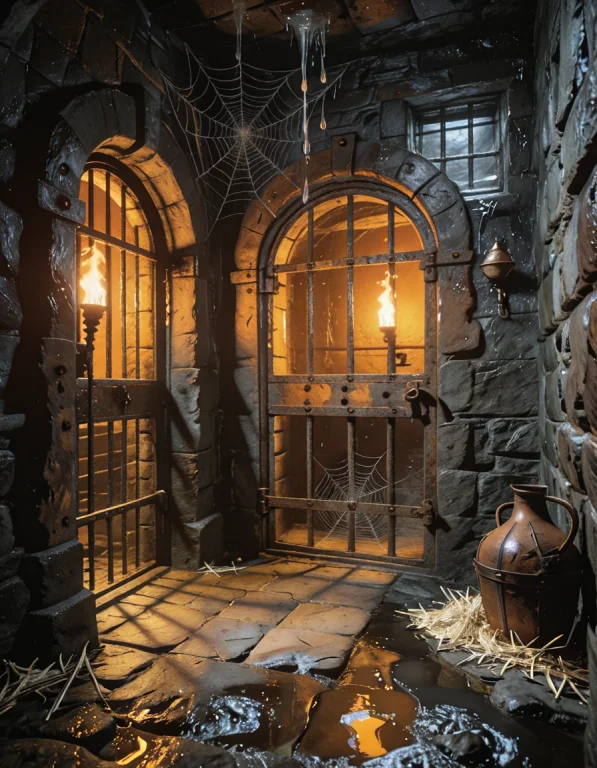 Torchlit Medieval Dungeon C3ll Photorealistic, Inside A Torc...