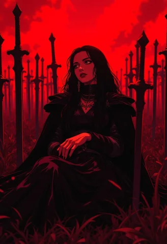 A Gothic Warrior With Long Black Hair And A Dark Dress, Recl... — FLUX AI Prompt: A gothic warrior with long black hair and a dark dress, reclining against a sea...