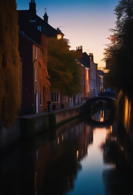 A Narrow Canal Town At Blue Hour, Cinematic Lighting, Sharp...