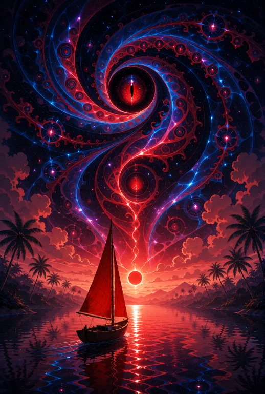 A Small Wooden Sailboat With A Vibrant Red Sail Floats Upon...