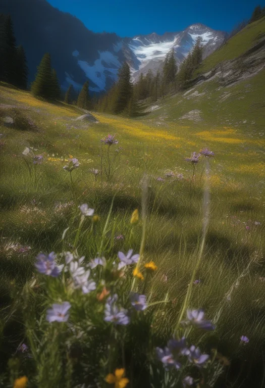 An Alpine Meadow Scattered With Wildflowers, Iridescent Ligh...
